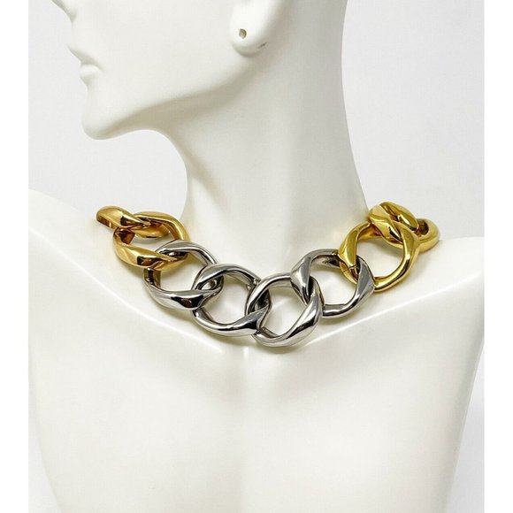 Tri Tone White/Yellow/Rose Gold Tone Chunky Chain Link HipHop Collar Necklace - Picture 1 of 7